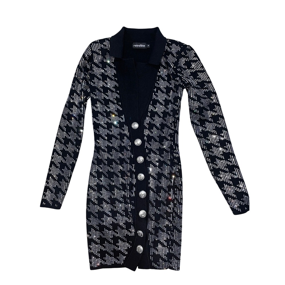 Retrofête Dress Womens‎ S Black Puzzle Houndstooth Rhinestone Cashmere Blend